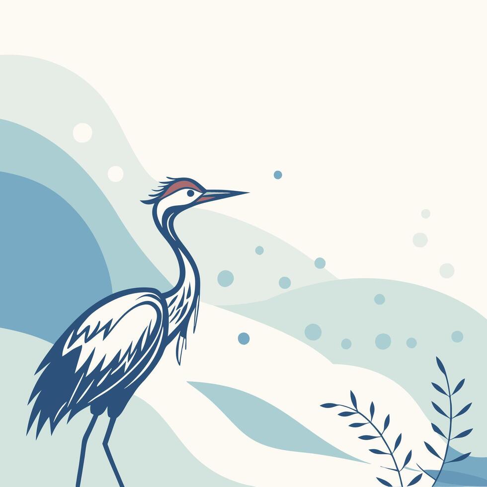 Heron standing in abstract nature with blue and white wavy lines and plants vector