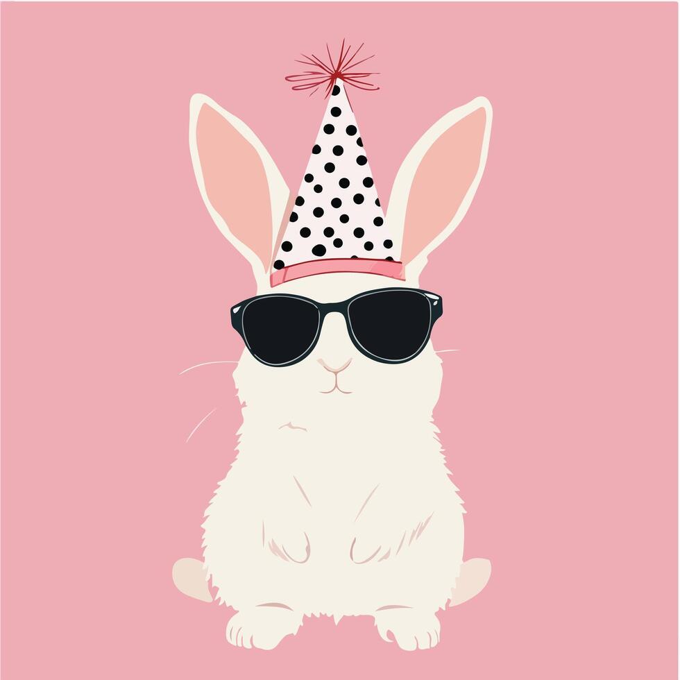 Illustration of a white bunny wearing a polka-dot party hat and sunglasses on a pink background, ideal for festive and playful designs. vector