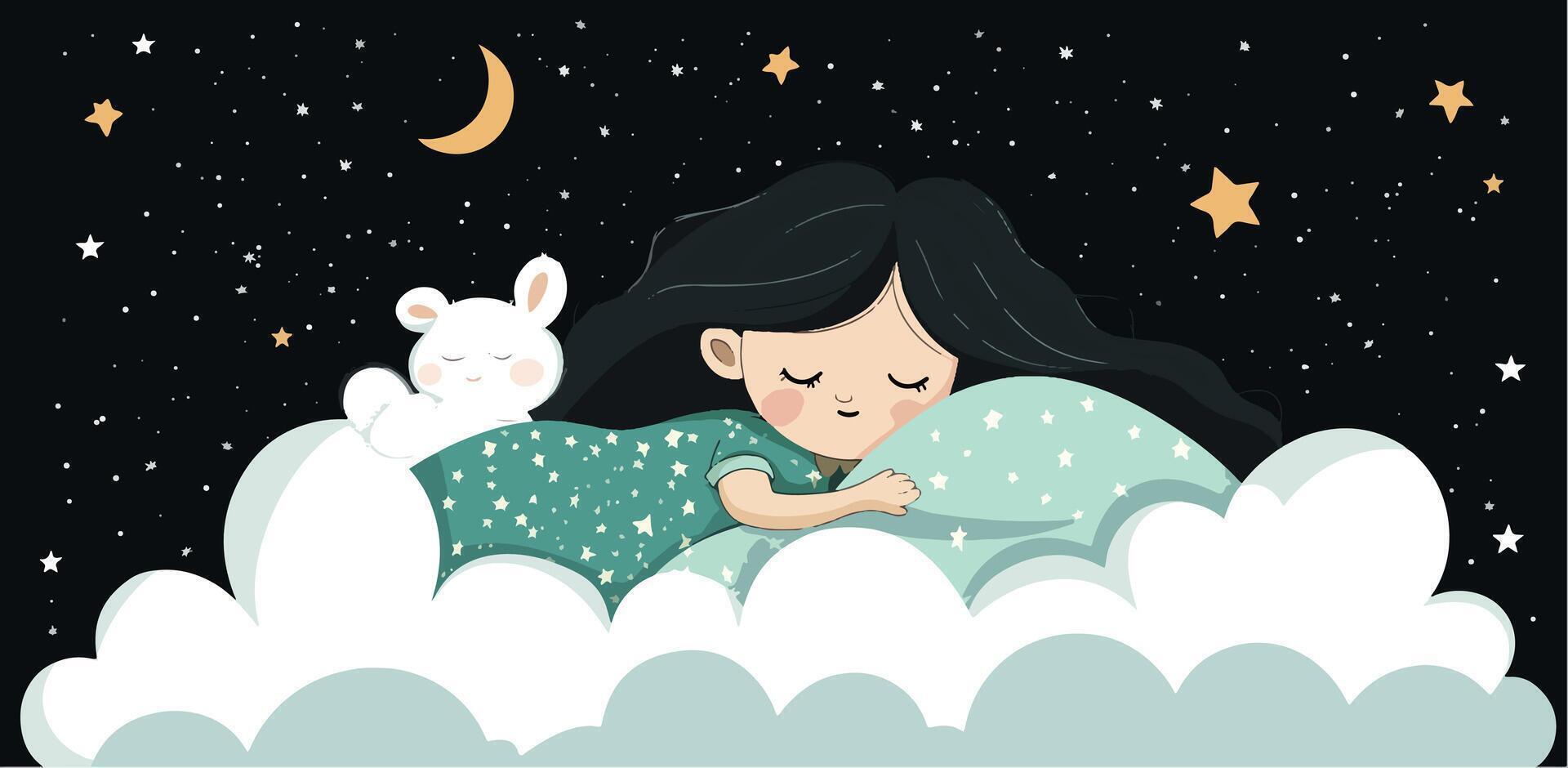 Dreamy illustration of a girl sleeping on fluffy clouds under a moonlit sky with stars and a bunny, ideal for bedtime themes. vector