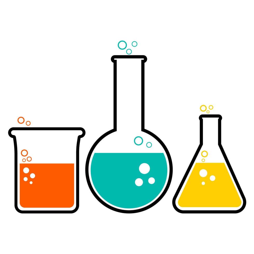 Laboratory beakers and flasks with bubbles. Science technology. vector