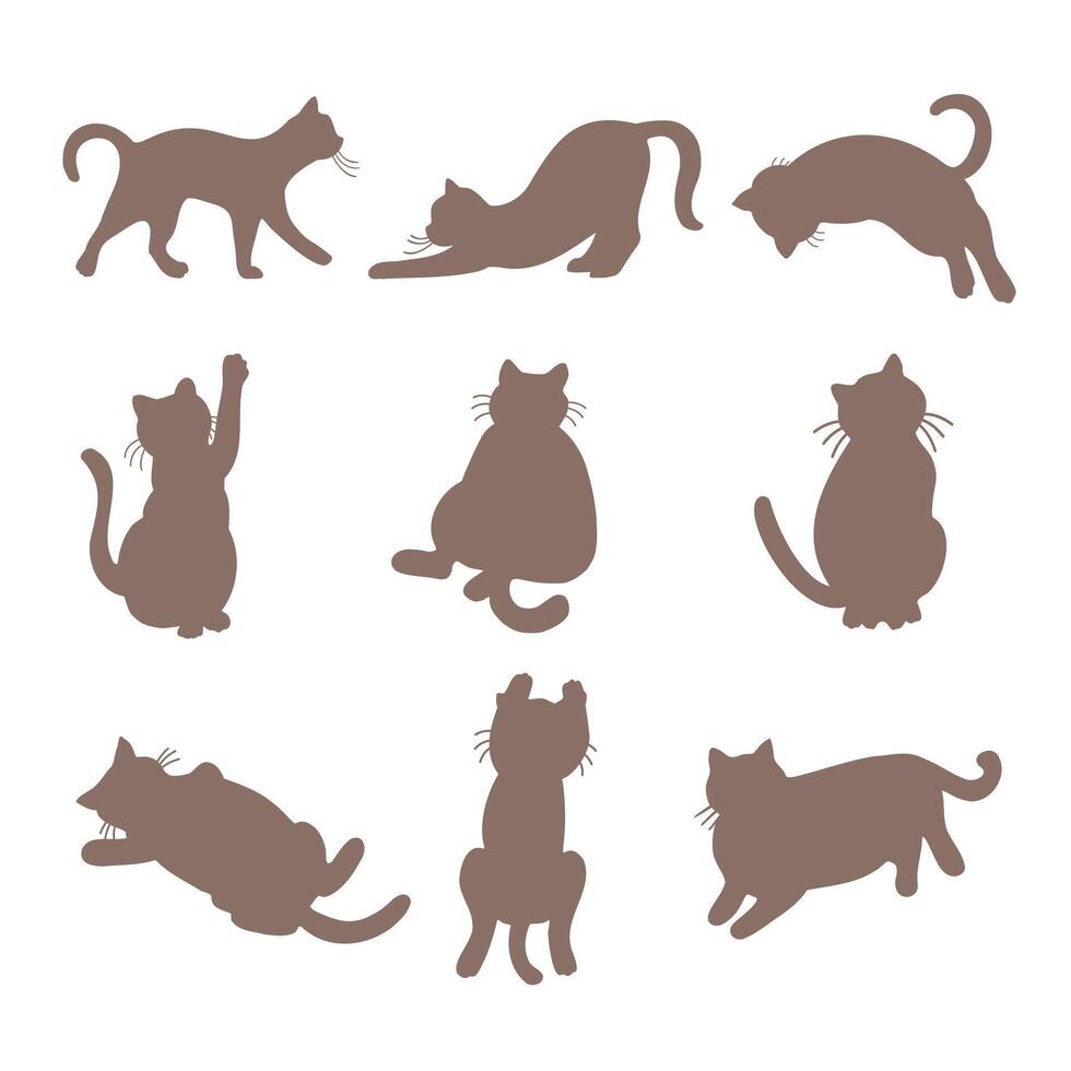 set of silhouettes of cats, hand-drawn in cartoon style on a white background. vector