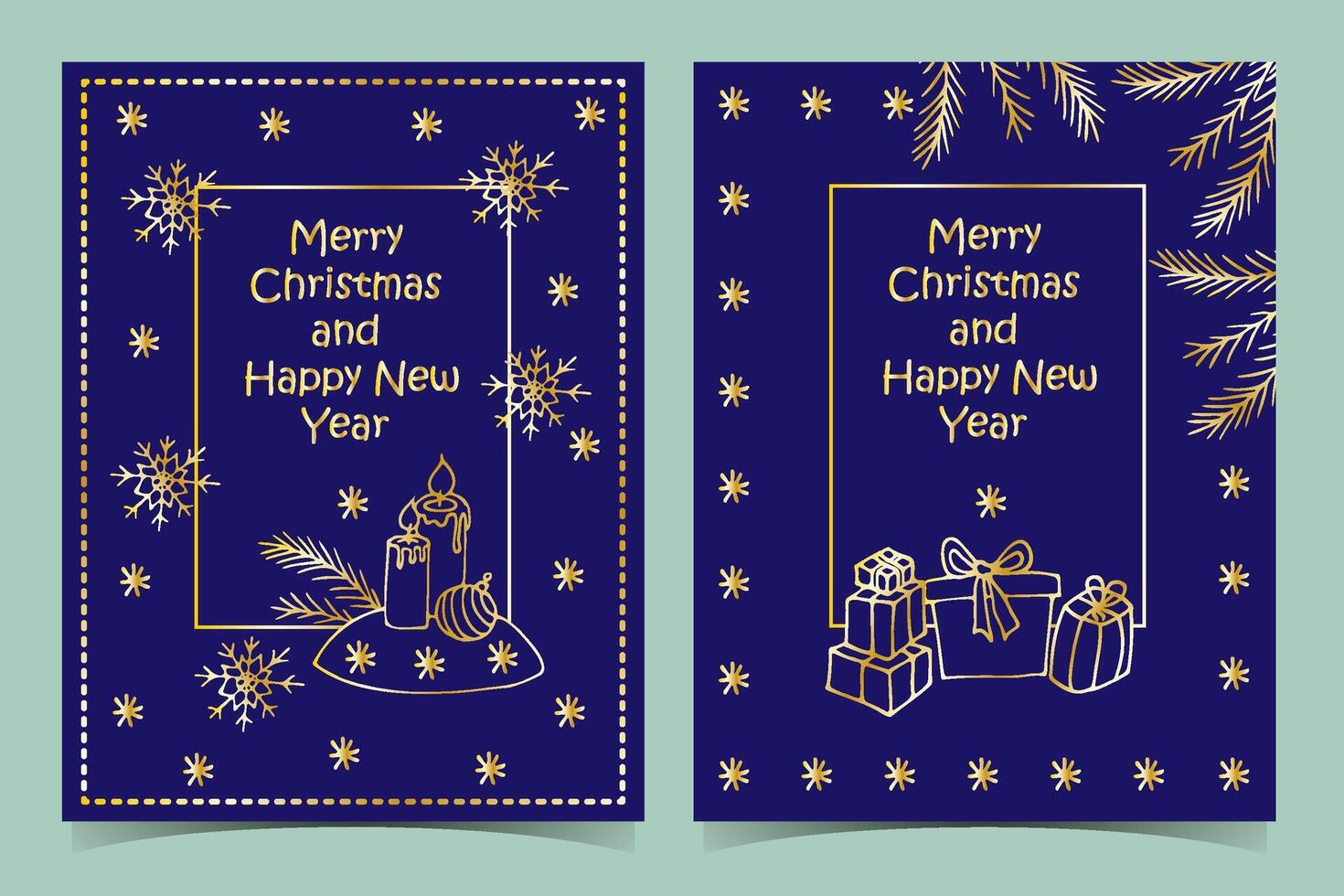 set of New Year greeting cards, hand-drawn in cartoon style on a blue background. vector