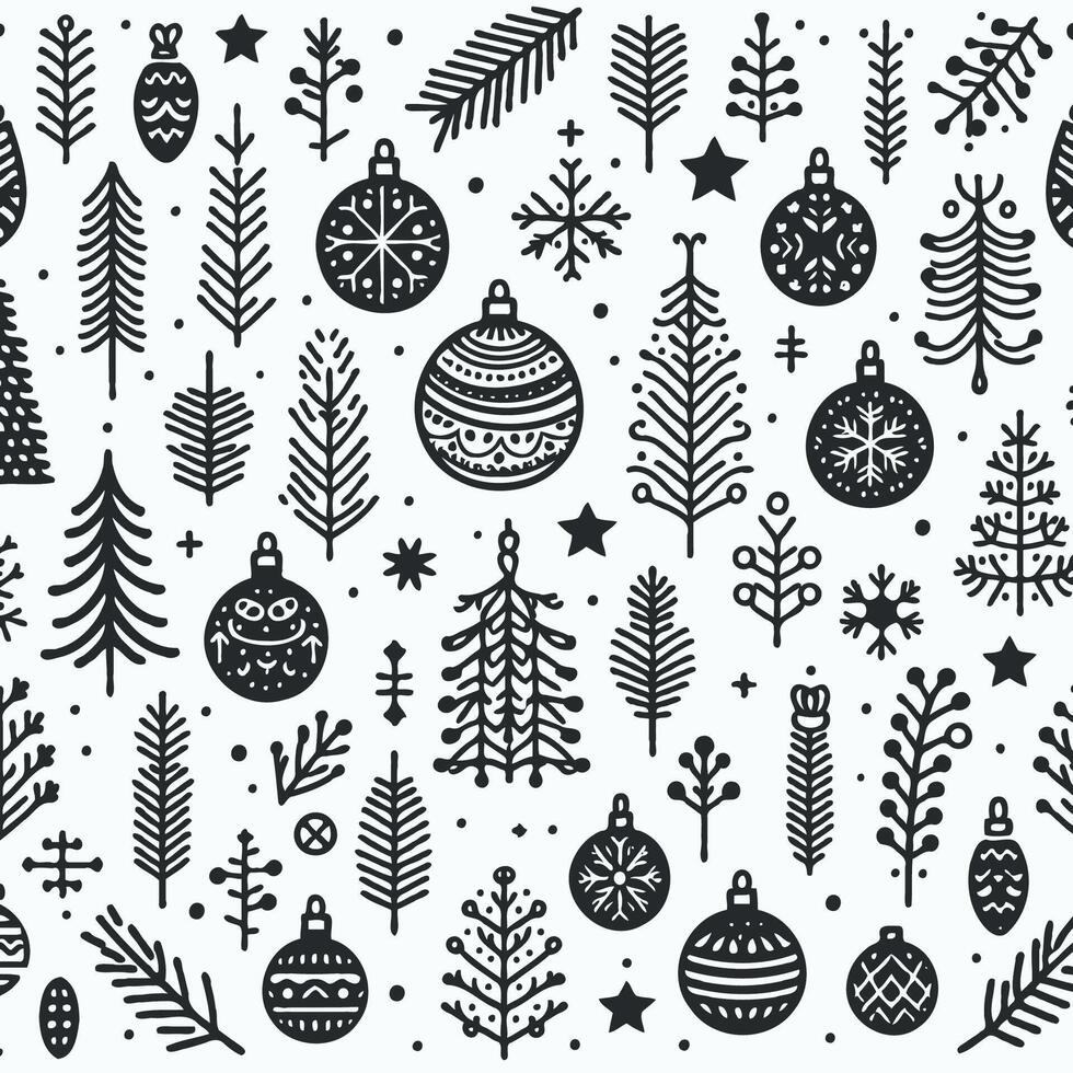 Seamless Pattern With Christmas Fir Trees. Simple Line Art Design Elements For Cards, Invitations, Banners, Posters, Logo, Print. Black And White Snowflake background, linear pine cones vector