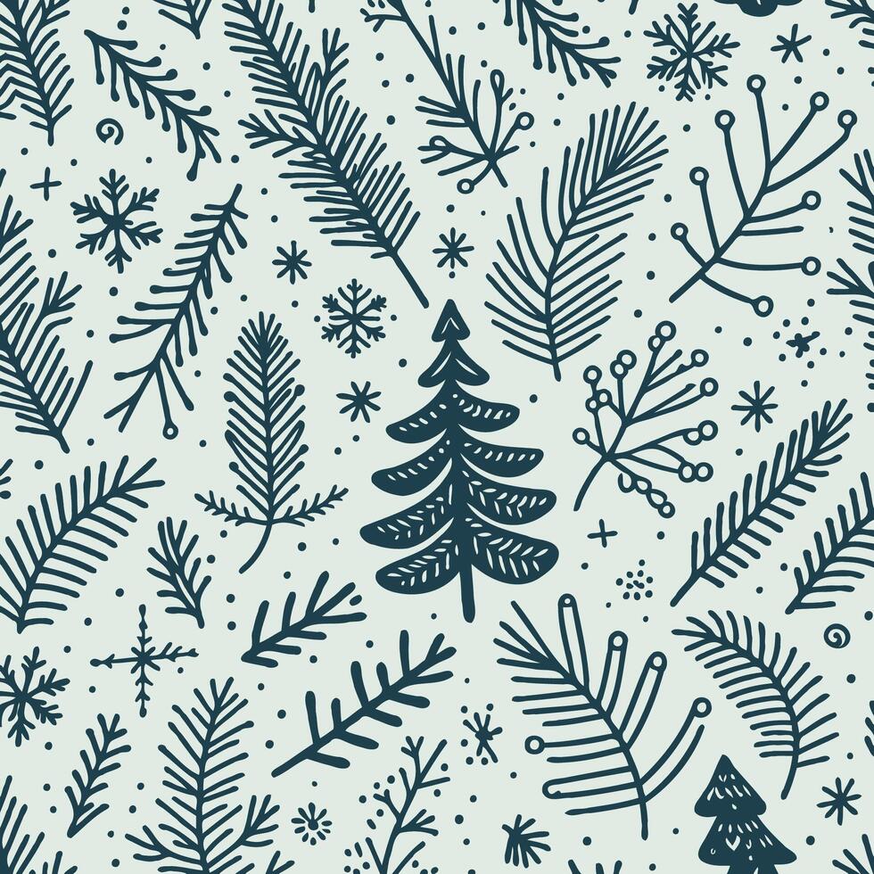fir branches, Seamless Pattern With Christmas Fir Trees. Simple Line Art Design Elements For Cards, Invitations, Banners, Posters, Logo, Print. Black And White Snowflake background vector