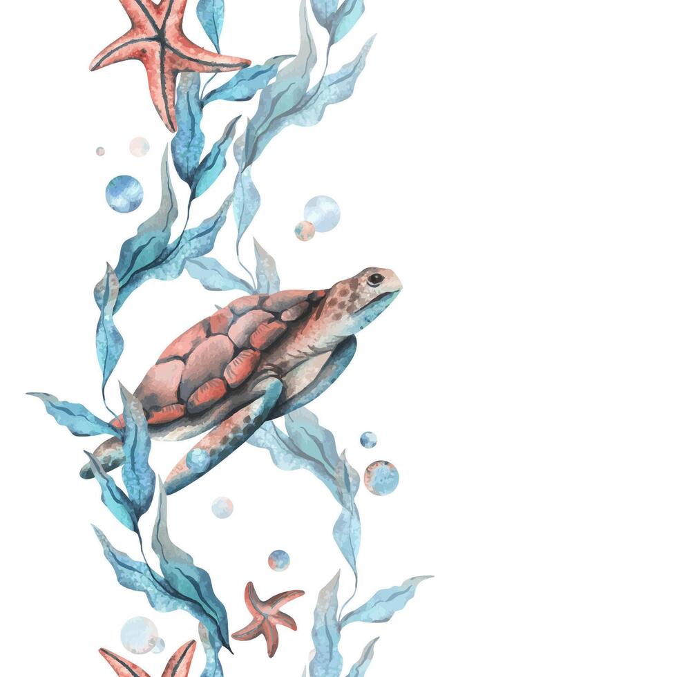 Turtle, sea blue algae with leaves wriggling in wave with bubbles and coral starfish. Hand drawn watercolor illustration of underwater world. Seamless vertical border pattern for long projects design vector