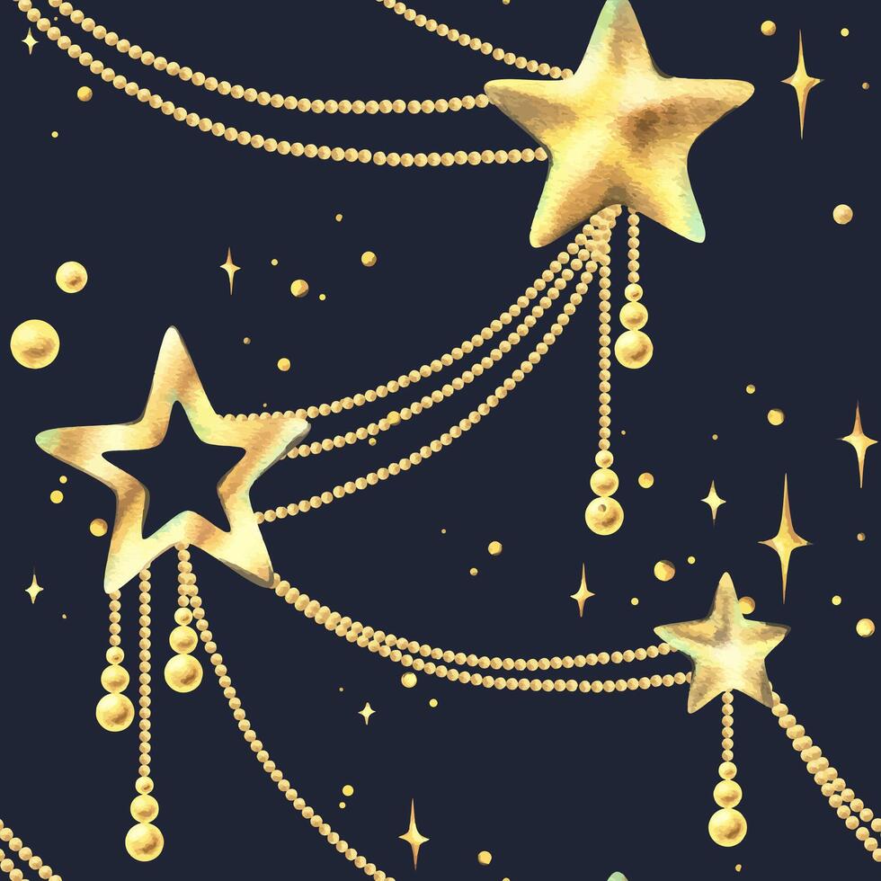 Golden stars Christmas toys with beads of different sizes, sparkling stars. Christmas, New Year, winter watercolor illustration hand drawn. Seamless pattern on the background of the night sky. vector