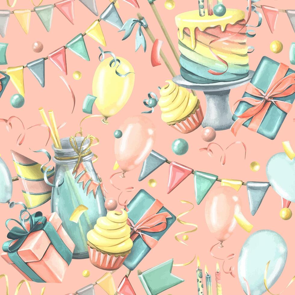 Cakes, cocktails, candles, balloons, festive garlands and confetti. Watercolor illustration. Seamless pattern from the HAPPY BIRTHDAY collection. For decoration and design of greetings and holidays vector