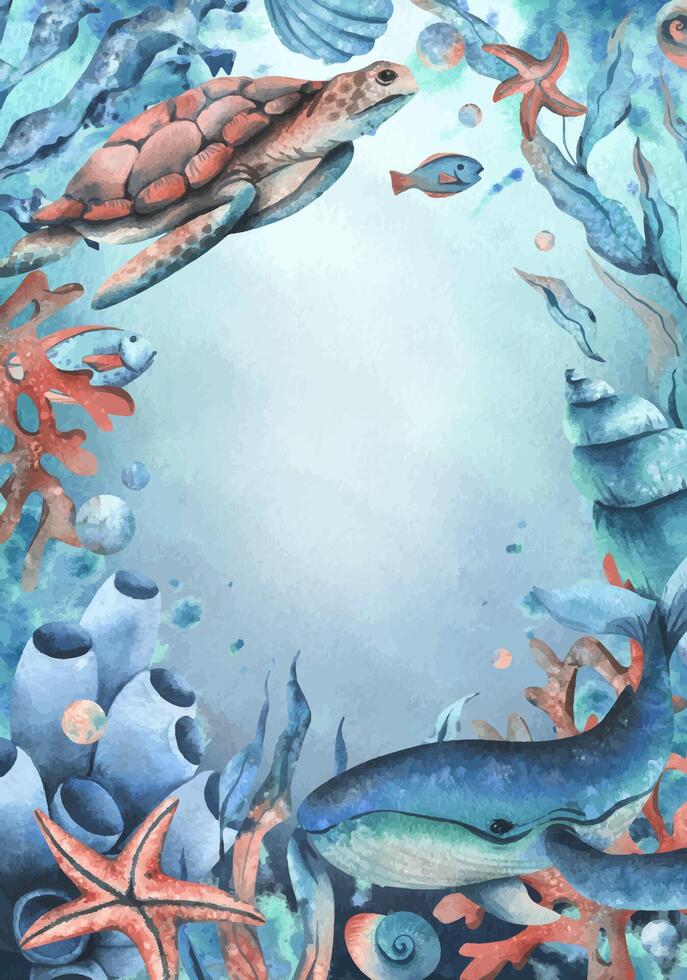 Sea animals, turtles, whale, seaweed, corals, sponges, starfish, shells, fish and bubbles. Watercolor illustration of the underwater world hand drawn. Vertical rectangular frame template, postcard vector