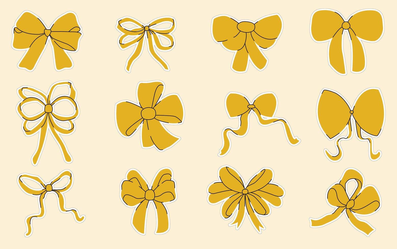 Set of stickers with yellow bows. A collection of hand-drawn ribbon bows. Stickers vector