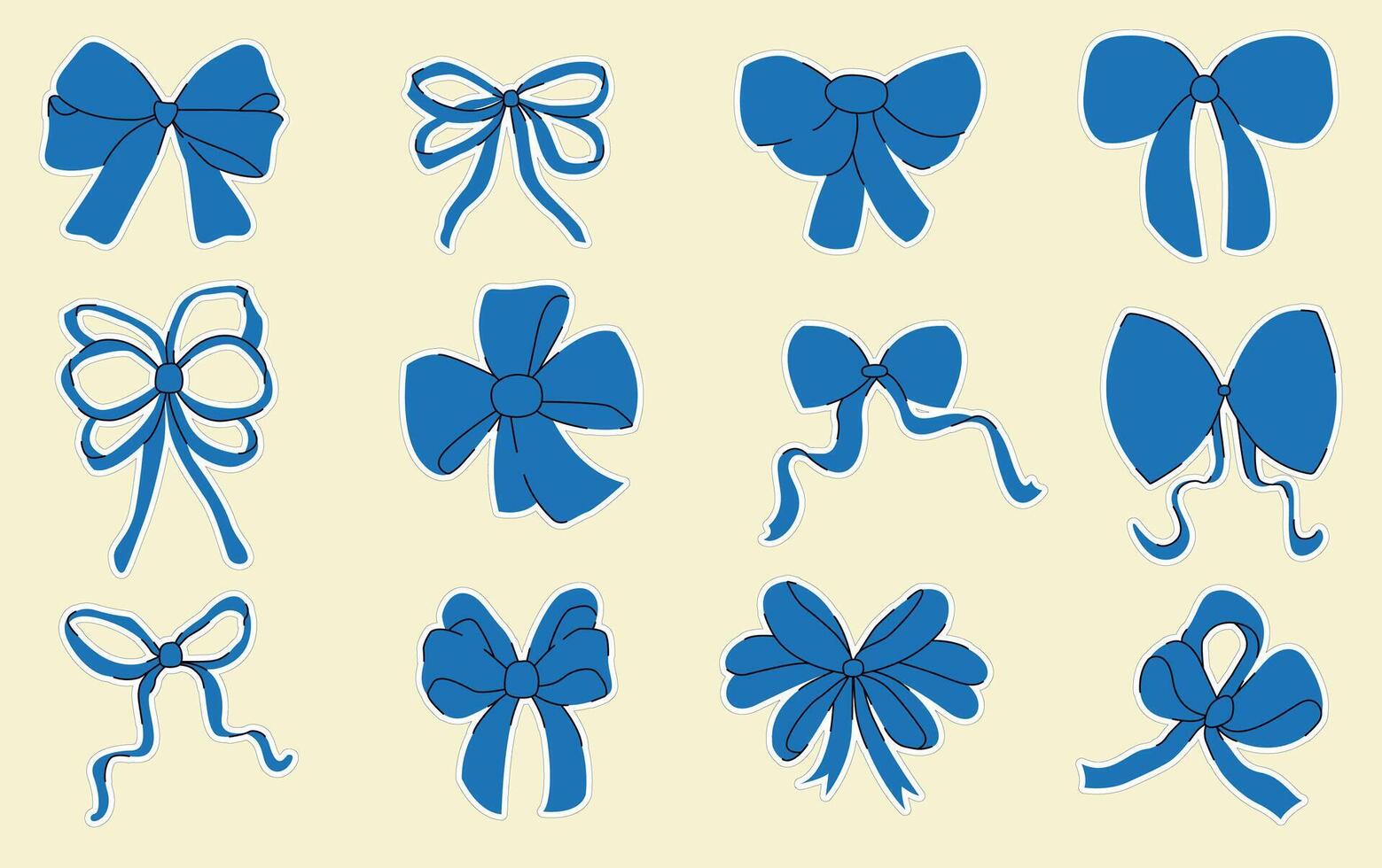 Set of stickers with the blue bows. A collection of hand-drawn ribbon bows. Stickers vector
