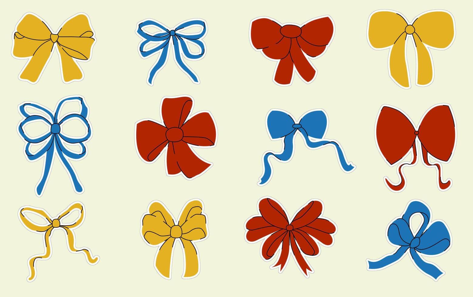 Set of stickers with colored bows. A collection of hand-drawn ribbon bows. Stickers vector