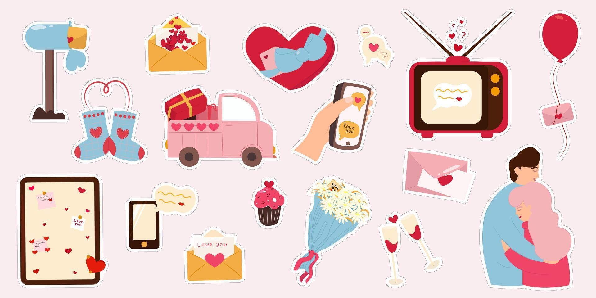 Set of stickers for Valentine's Day. Cupcake, TV, letters with a love message, ball, groceries, cup, hand with a love letter. Set of hand drawn Happy Valentine's Day stickers vector