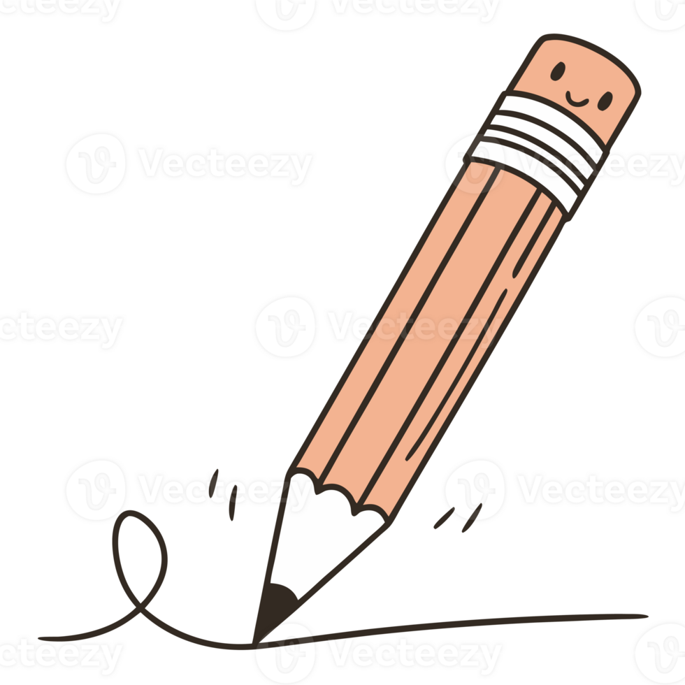 A cartoon pencil with a smiling face appears to be writing or drawing a line across the paper cutouts png