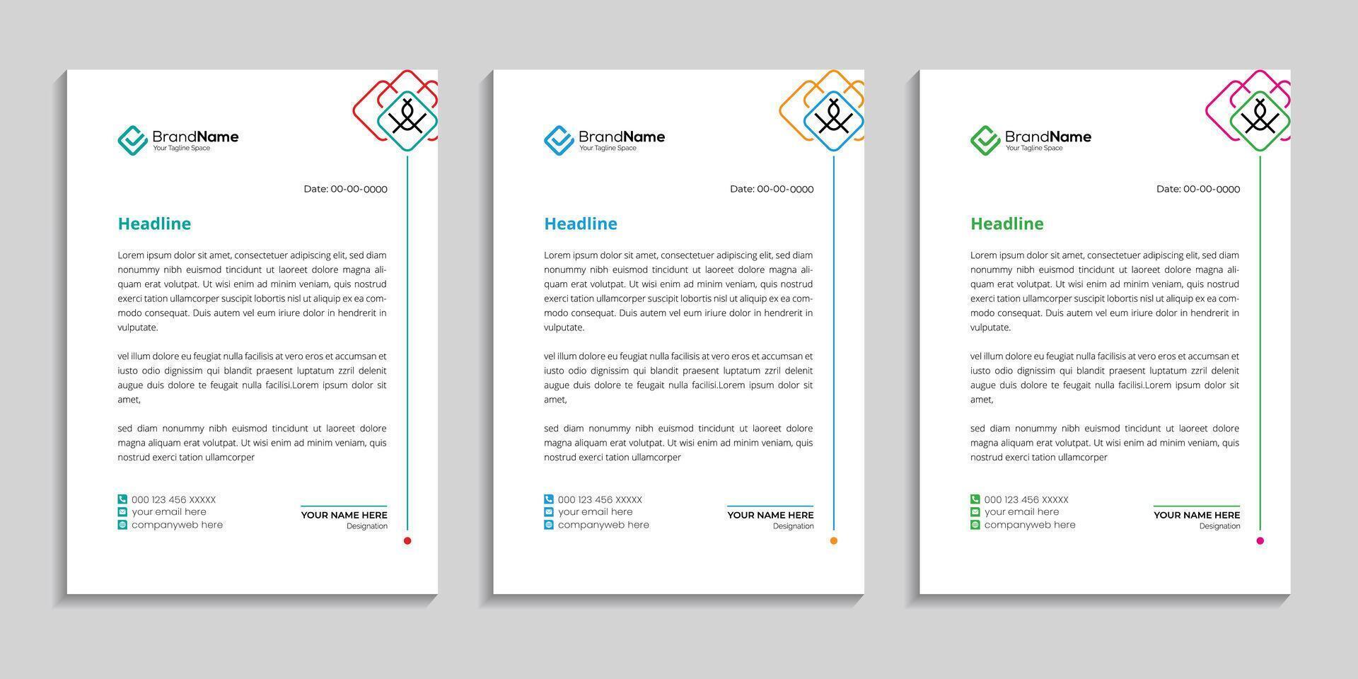letterhead design template with line art style and three color variation to use for any business vector