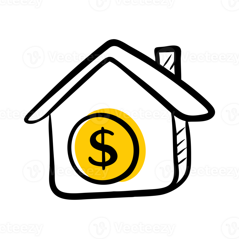 a house features a large yellow coin with a dollar sign inside. cutouts png