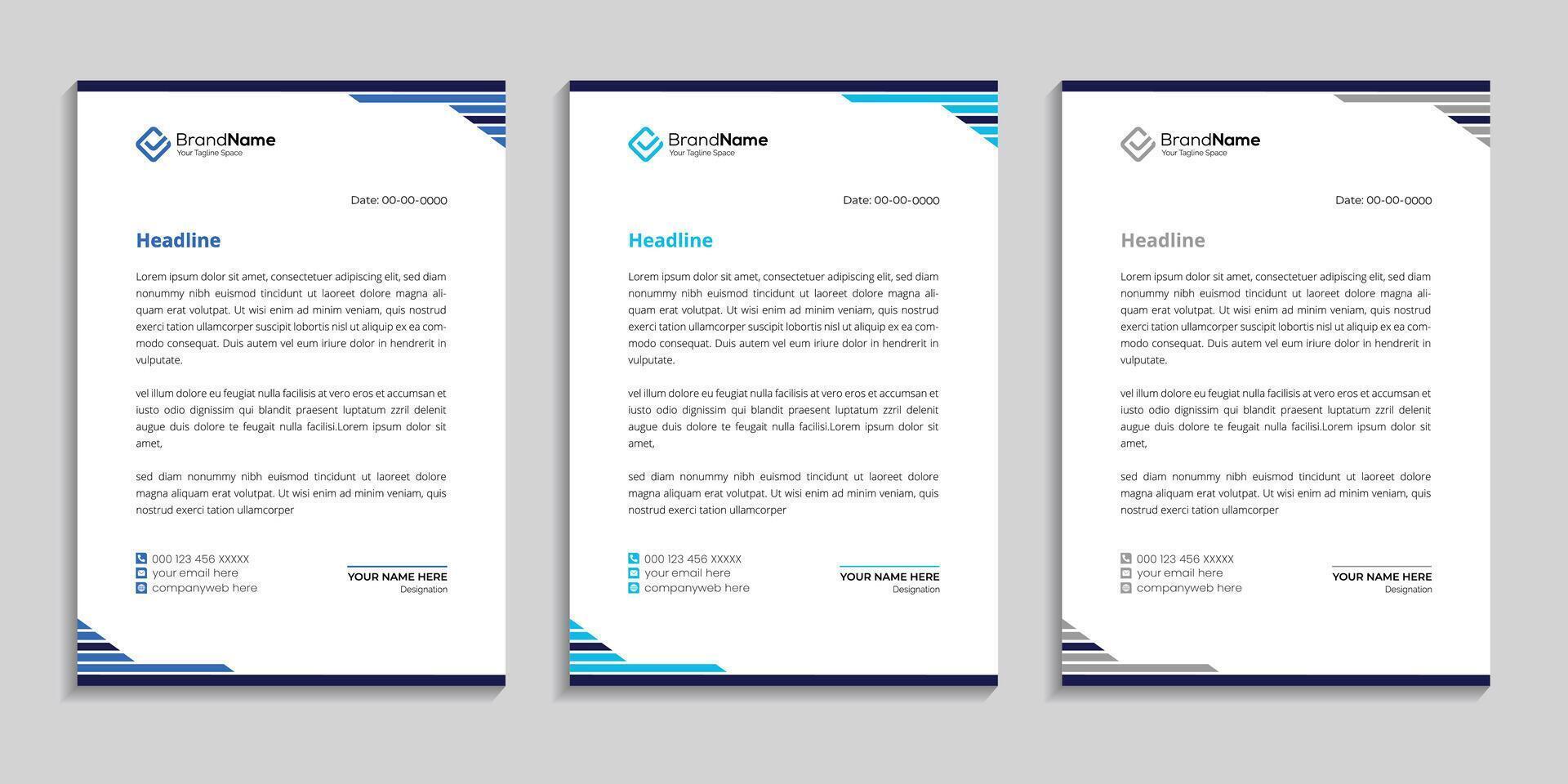 letterhead template design with minimal and unique design style to three color variation vector