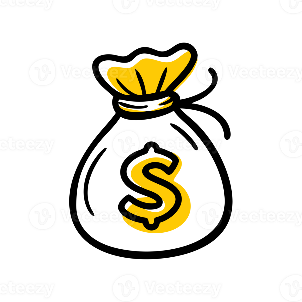 A simple, bold graphic of a money bag showcases a prominent dollar sign on the front. cutouts png