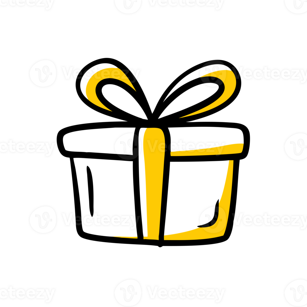 A simple drawing of a gift box features a yellow ribbon tied into a bow on top cutouts png