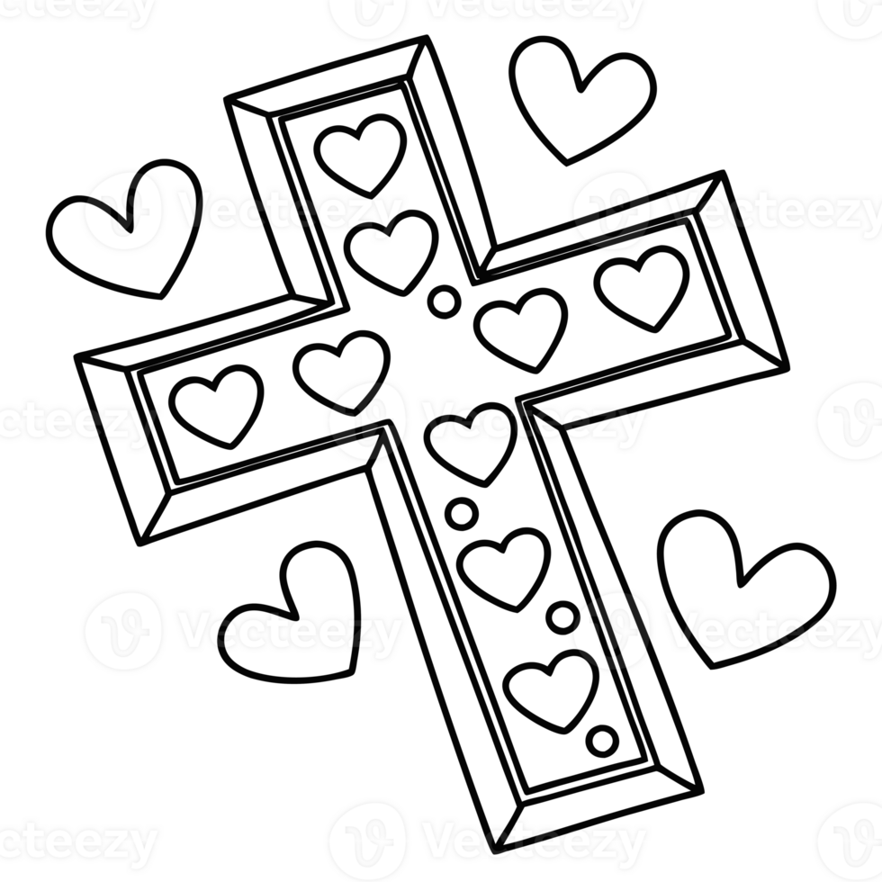 A cross is adorned with multiple hearts, cutouts png