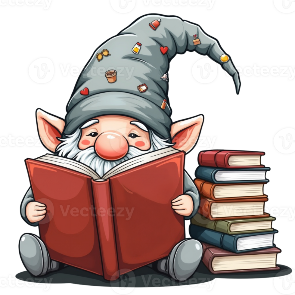 A gnome with a long, patterned hat sits engrossed in reading a large red book, cutouts png