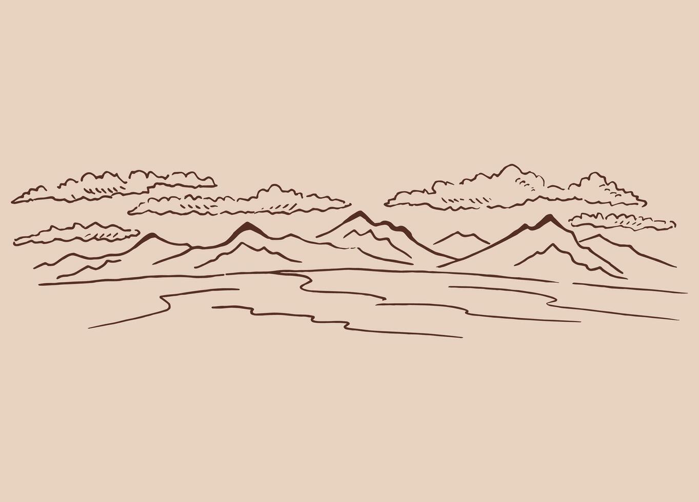 Landscape with mountains. Hand drawn illustration converted to . vector