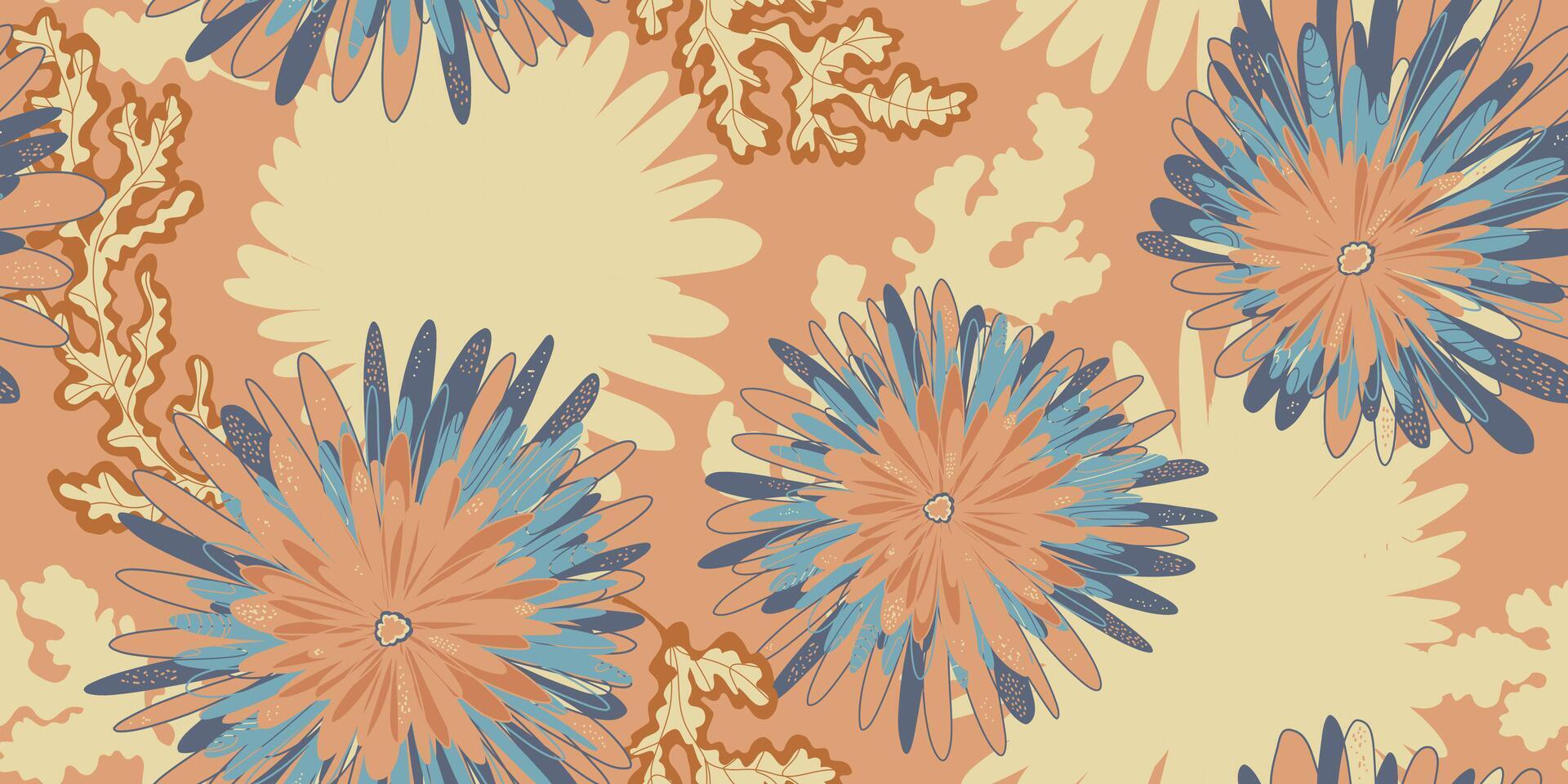 a pattern with blue and orange flowers on a tan background vector