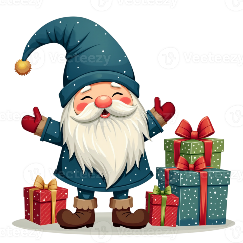 A cheerful gnome stands beside a stack of gift boxes, cutouts png