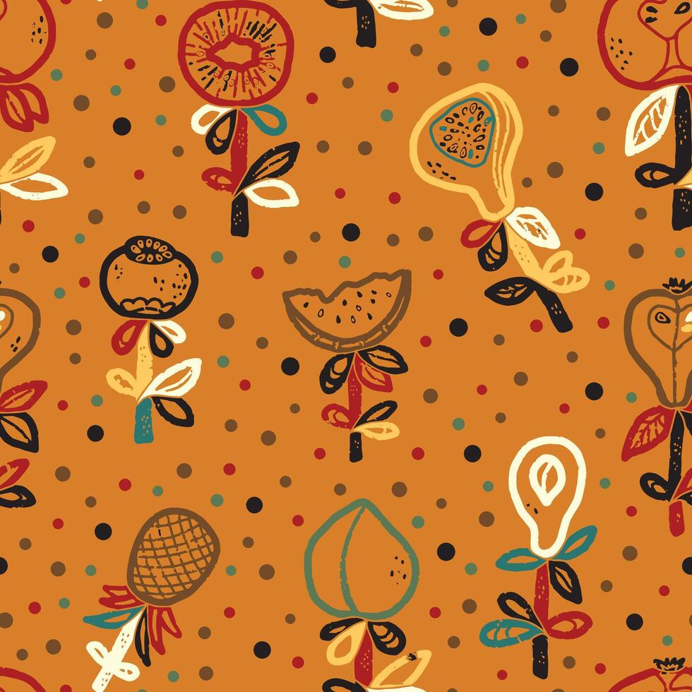 a pattern with fruit and flowers on an orange background vector
