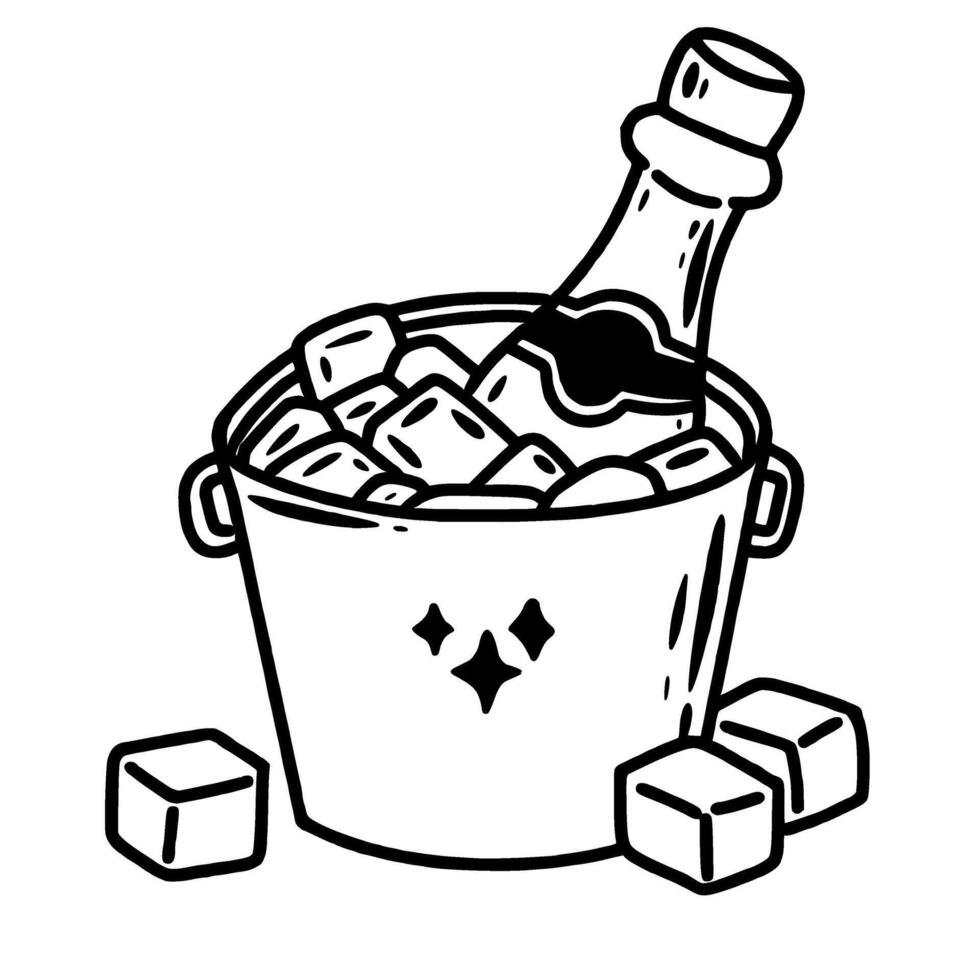 Champagne chilling in the ice bucket Hand drawn New Years Eve Celebration party graphic illustration isolated on white background color editable vector