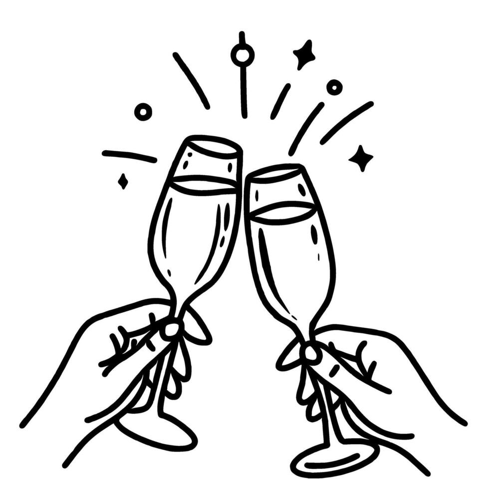 Hands holding two champagne glasses clinking Hand drawn New Years Eve Celebration party graphic illustration isolated on white background color editable vector