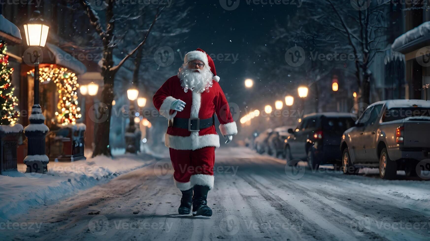 A joyful Santa Claus walking through a snowy street, festive lights illuminating the scene, capturing the spirit of Christmas photo