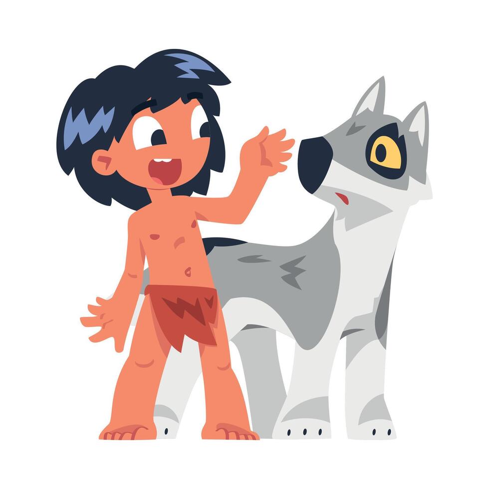 Mowgli Toddler as Feral Boy from Jungle Standing with Wolf Brother Cub Illustration vector