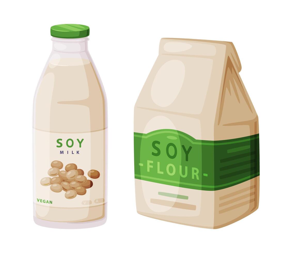 Soy Flour in Package and Milk Bottle as Natural and Organic Product from Soybean Plant Set vector