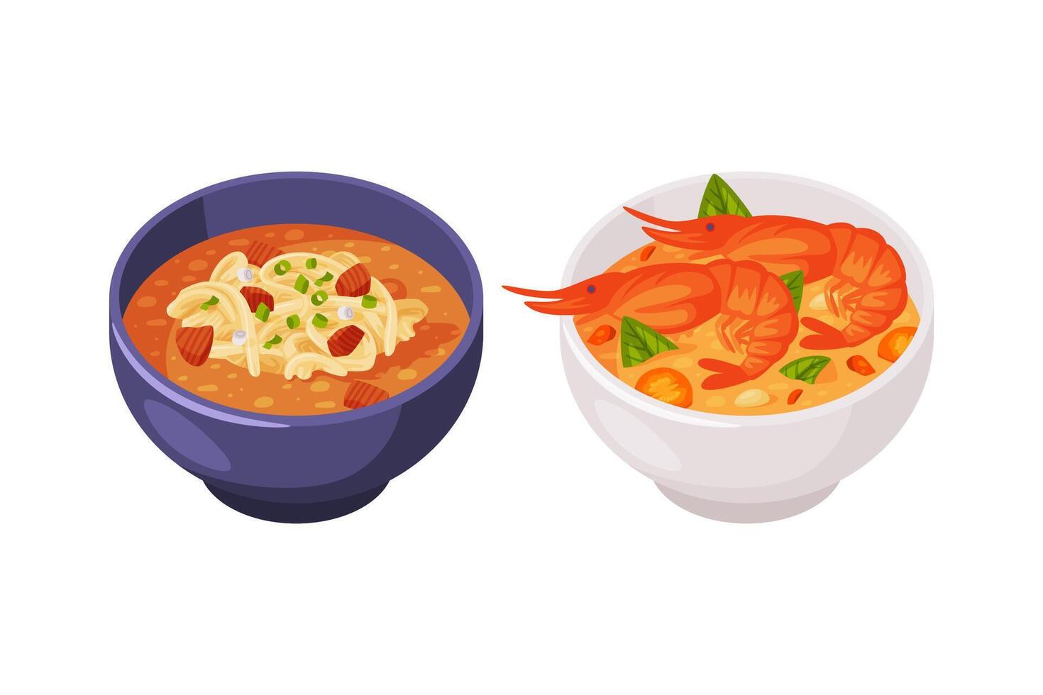 Traditional Thai Food with Noodles and Shrimps in Broth in Bowl Set. vector