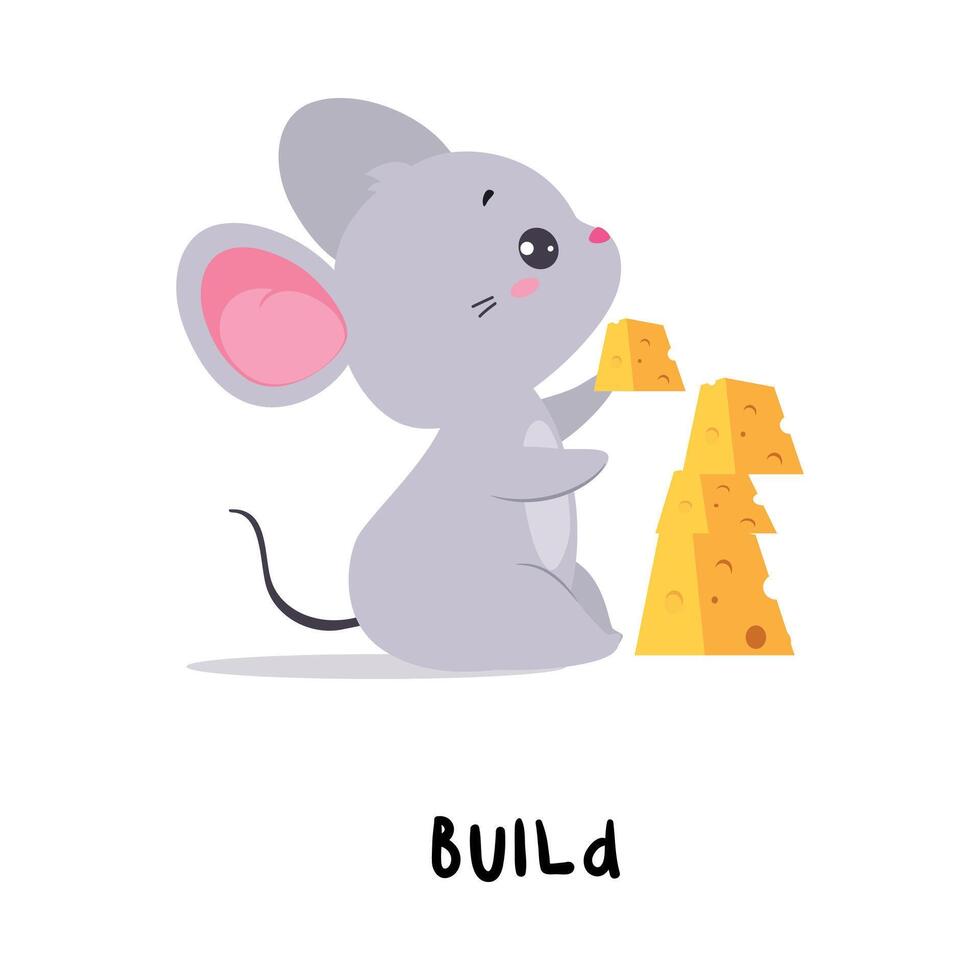 Little Grey Mouse Building Tower from Cheese Demonstrating English Verb for Educational Activity Illustration vector
