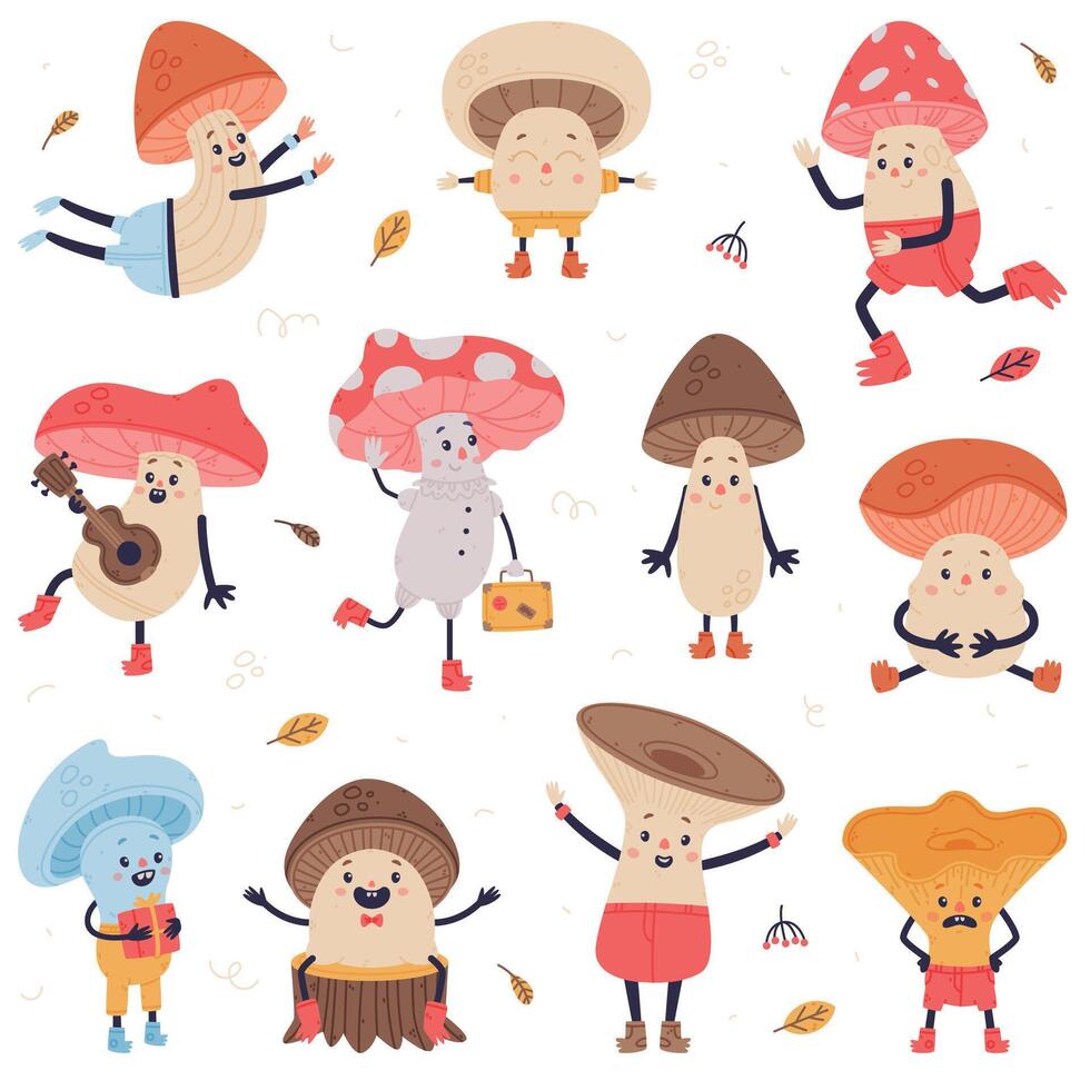Funny Mushroom Characters with Cap and Stem Having Legs and Arms Set vector