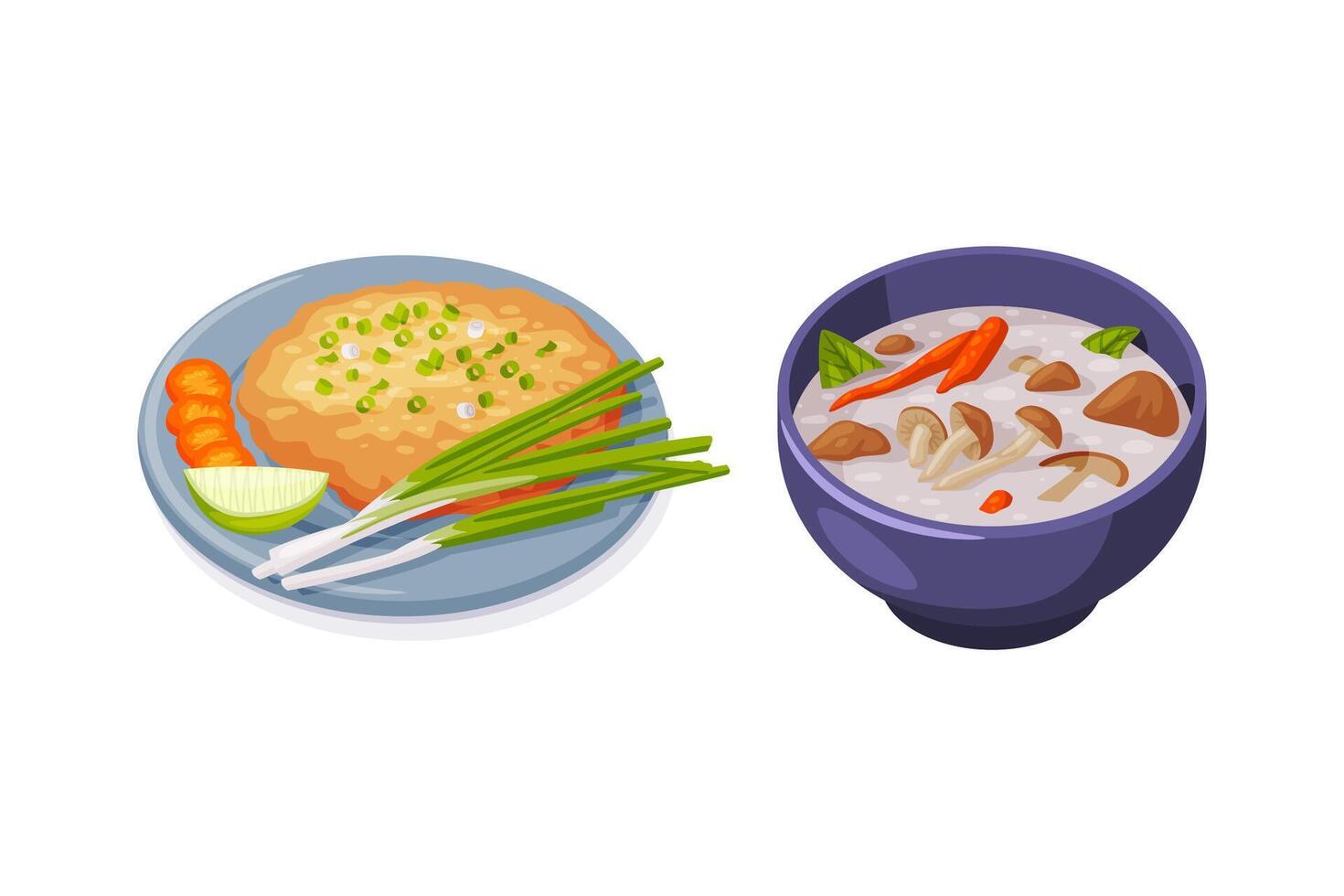 Traditional Thai Food with Crumpet with Onion and Mushroom Soup Set vector