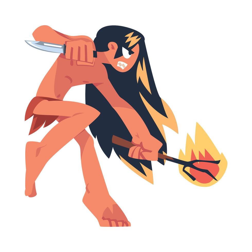 Mowgli as Feral Boy from Jungle Raised by Wolves Fighting with Knife and Burning Tree Branch Illustration vector
