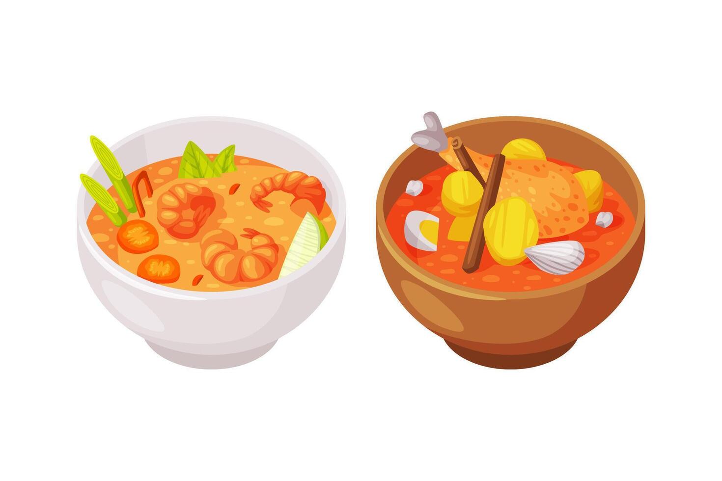 Traditional Thai Food with Shrimp and Chicken Soup and Steam in Bowl Set vector