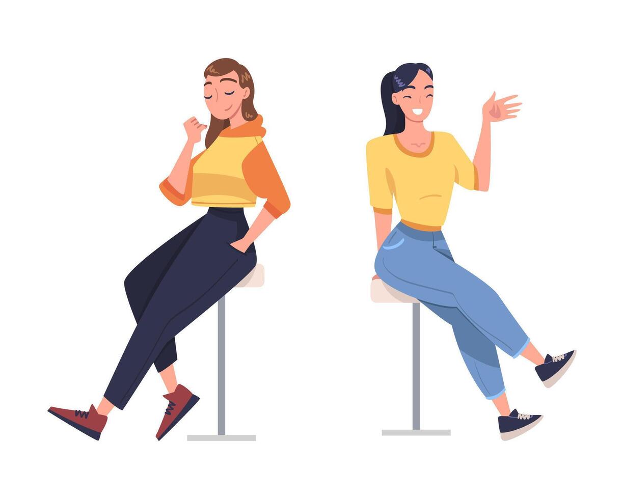 Young Smiling Woman in Sitting Pose with Satisfied Face Expression Set vector