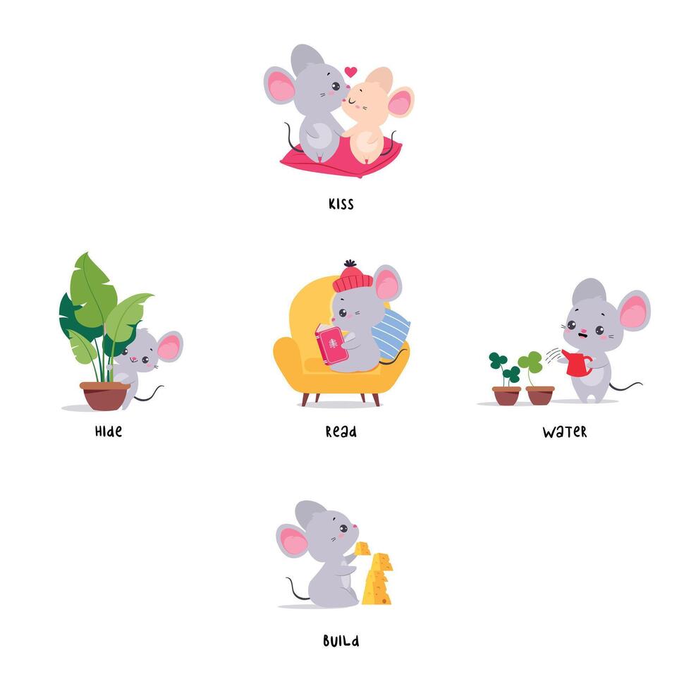 Little Mouse Demonstrating English Verbs for Educational Activity Set vector