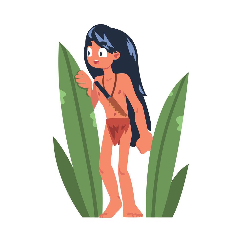 Mowgli as Feral Boy from Jungle Raised by Wolves Hiding Behind Leaves Illustration vector