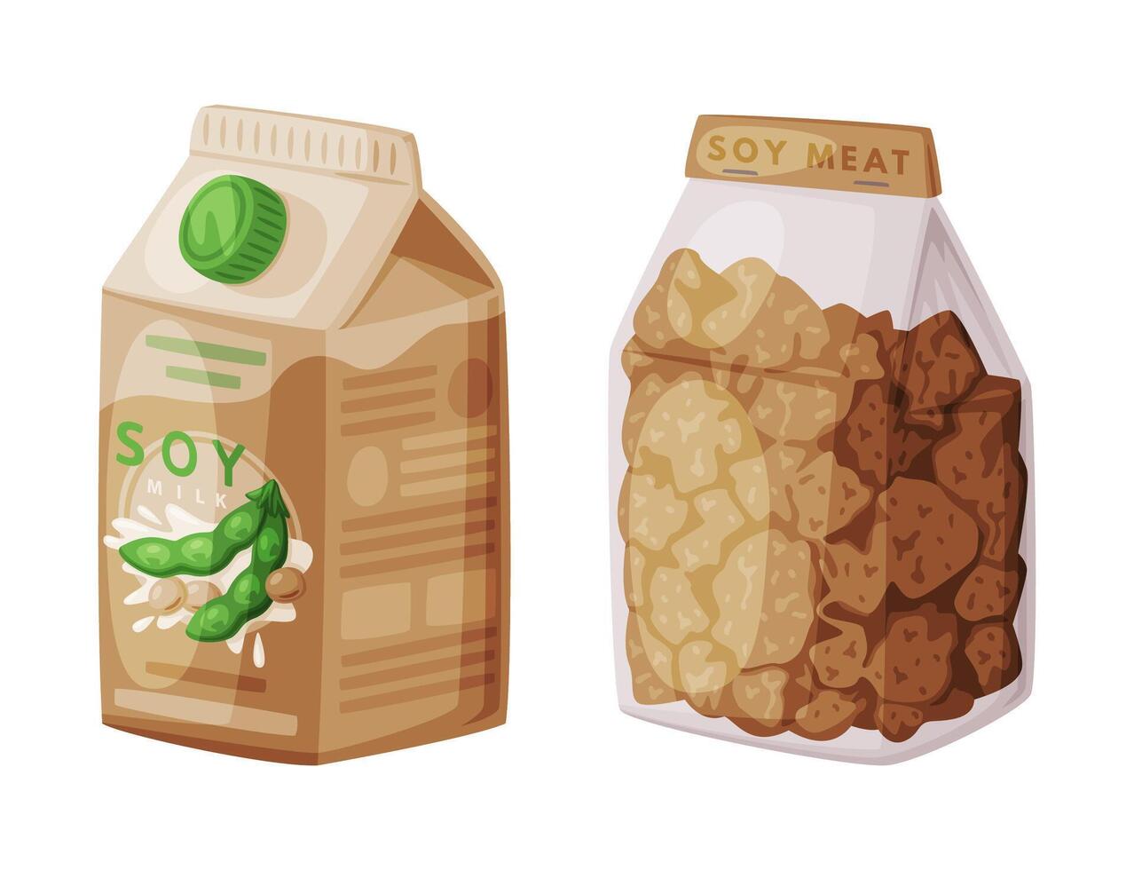 Soy Meat and Milk in Carton as Natural and Organic Product from Soybean Plant Set vector