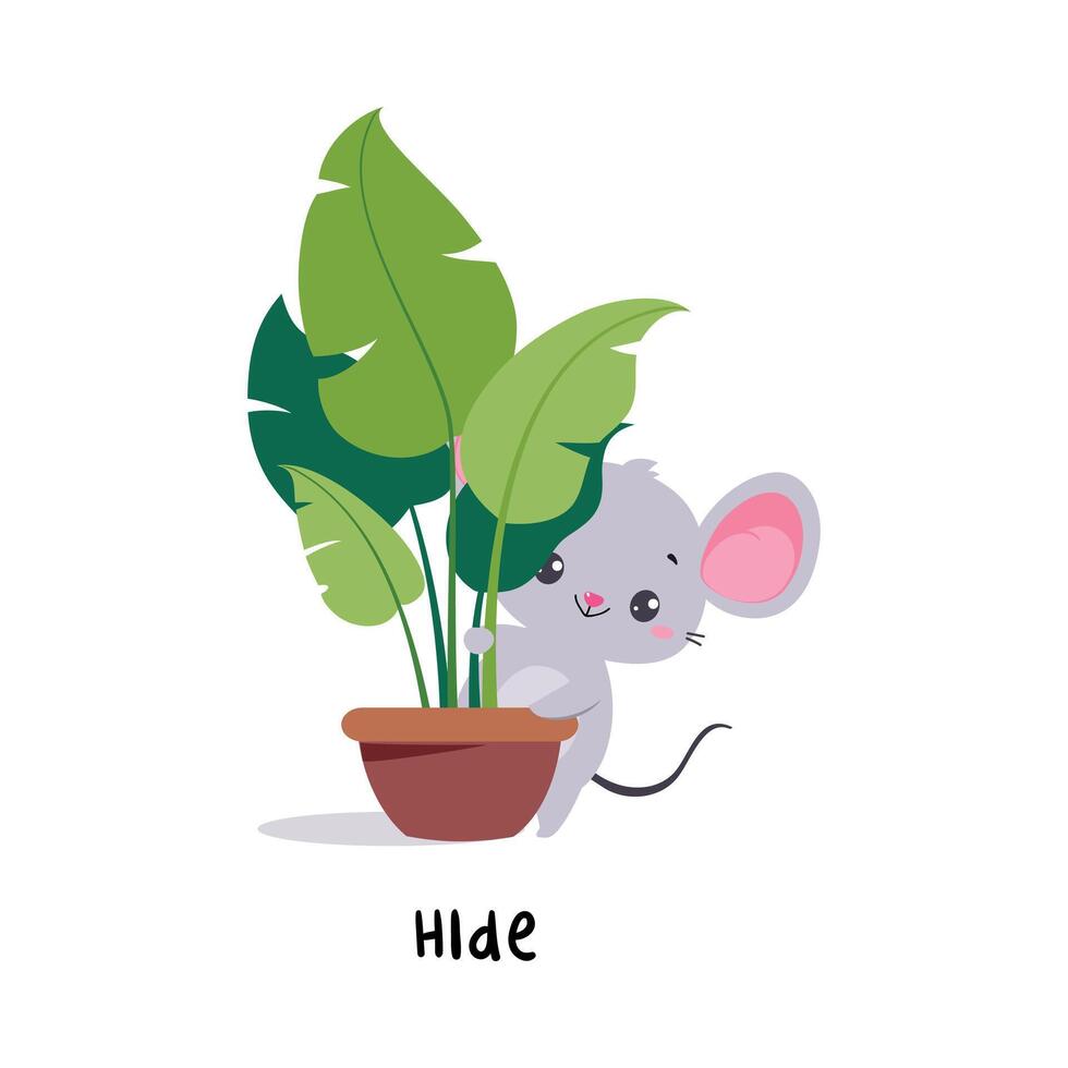 Little Mouse Hiding Behind Houseplant Demonstrating English Verb for Educational Activity Illustration vector