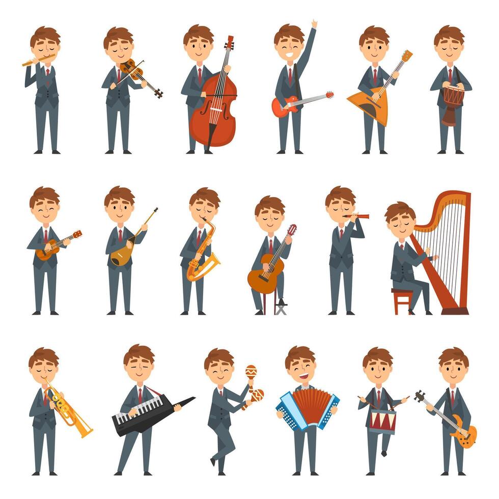 Young Boy Musician in Suit and Tie Playing Musical Instrument Performing Concert on Stage Big Set vector