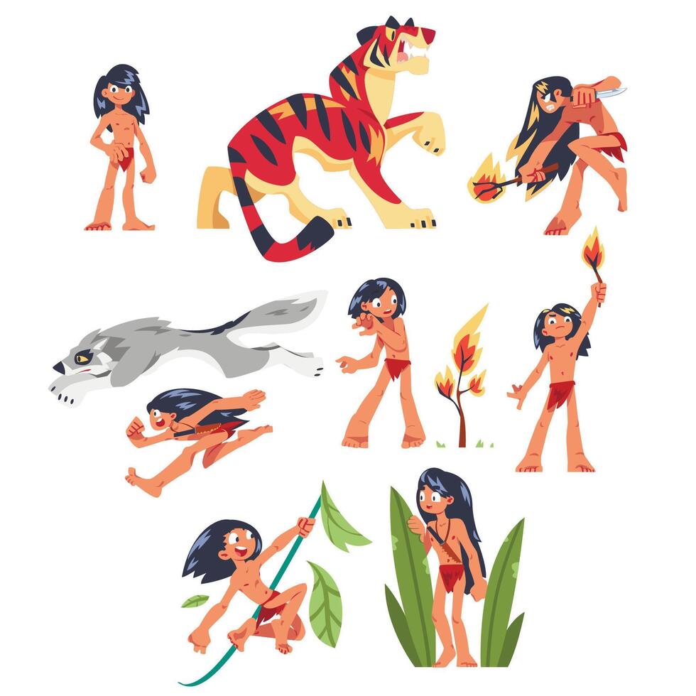 Mowgli Fictional Character as Feral Boy from Jungle Raised with Wolves Set vector