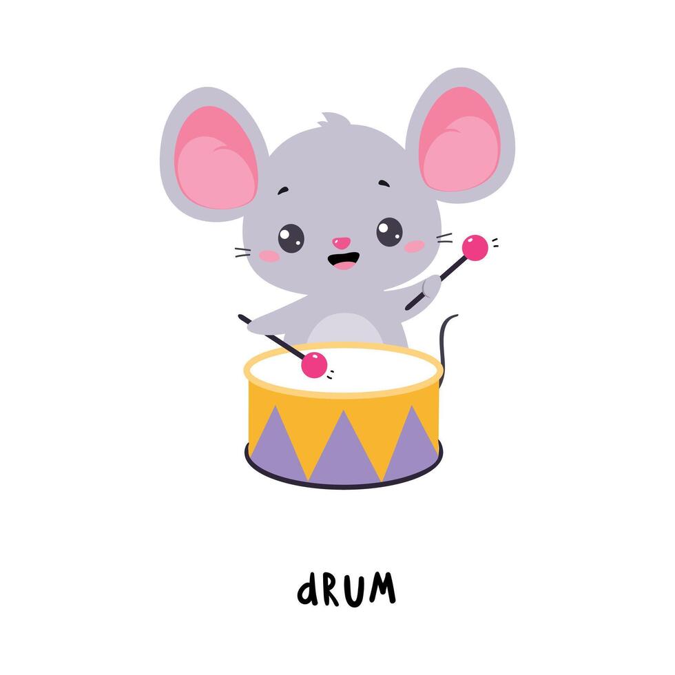 Little Grey Mouse Playing Drum Beating with Sticks Demonstrating English Verb for Educational Activity Illustration vector