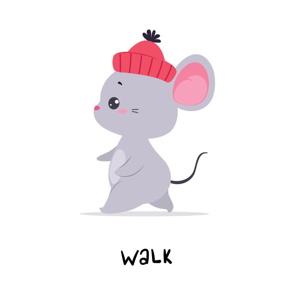 Little Grey Mouse in Hat Walking Demonstrating English Verb for Educational Activity Illustration vector