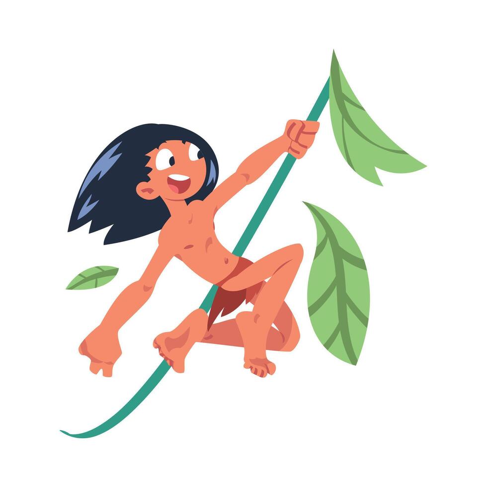 Mowgli as Feral Boy from Jungle Raised by Wolves Hanging on Liana Illustration vector