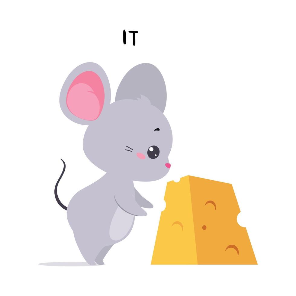 Little Mouse with Cheese Slab as It English Subject Pronoun for Educational Activity Illustration vector